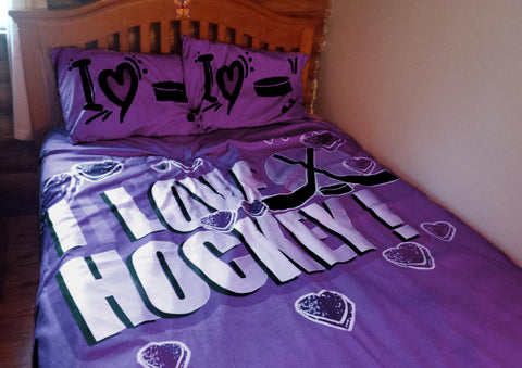 Purple Personalized Hockey Bedding, I Love Hockey, Custom Duvet or Comforter Sets - 2cooldesigns