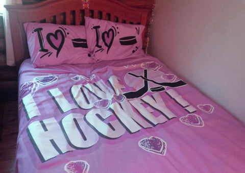 Personalized Hockey Bedding, I Love Hockey, Custom Duvet or Comforter Sets for Hockey Themed Bedroom - 2cooldesigns