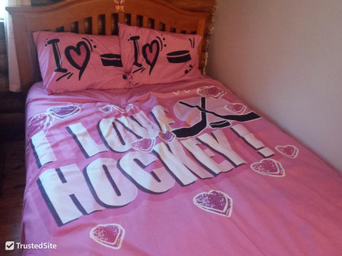 Personalized Hockey Bedding, HOT PINK, I Love Hockey, Hockey Themed Bedroom - 2cooldesigns