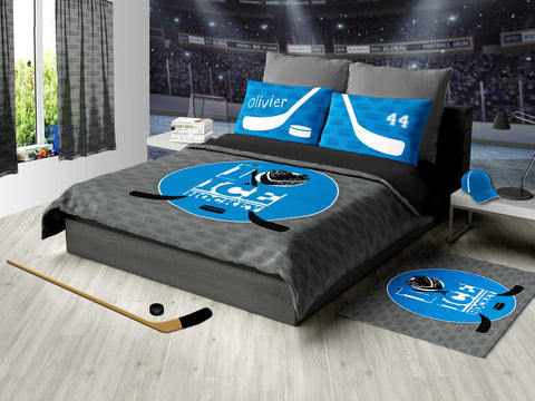 Personalized Hockey Bedding, Blue and Gray, Custom Duvet or Comforter Sets for Hockey Themed Bedroom - 2cooldesigns