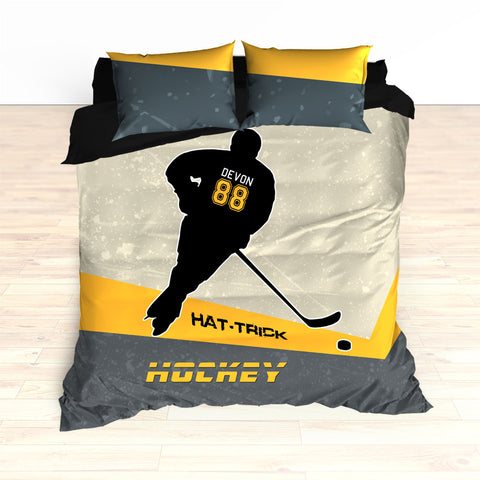 Personalized Hockey Bedding, Black and Yellow, Custom Duvet or Comforter Sets, Hat Trick Hockey - 2cooldesigns