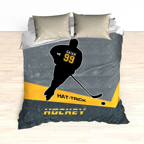 Personalized Hockey Bedding, Black and Yellow, Custom Duvet or Comforter Sets, Hat Trick Hockey - 2cooldesigns