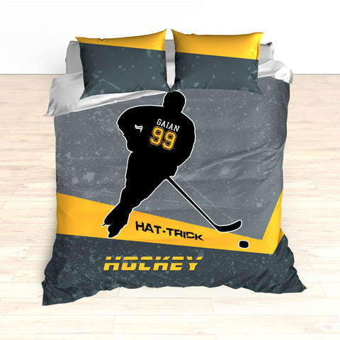 Personalized Hockey Bedding, Black and Yellow, Custom Duvet or Comforter Sets, Hat Trick Hockey - 2cooldesigns
