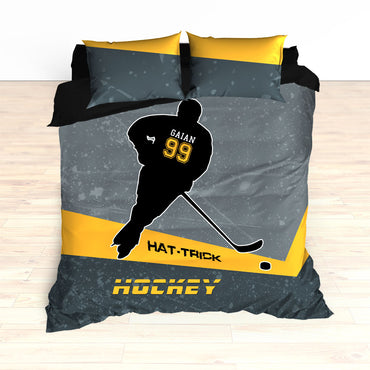 Personalized Hockey Bedding, Black and Yellow, Custom Duvet or Comforter Sets, Hat Trick Hockey - 2cooldesigns