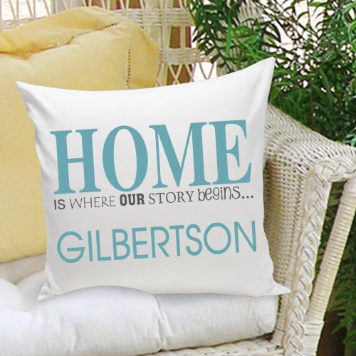 16x16 Family Name Throw Pillows - Our Story Blue - 2cooldesigns