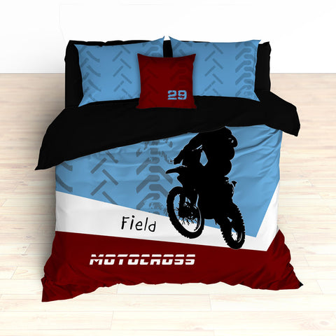 Personalized Motocross Comforter or Duvet, Dirt Bike, Freestyle, Blue and Maroon - 2cooldesigns