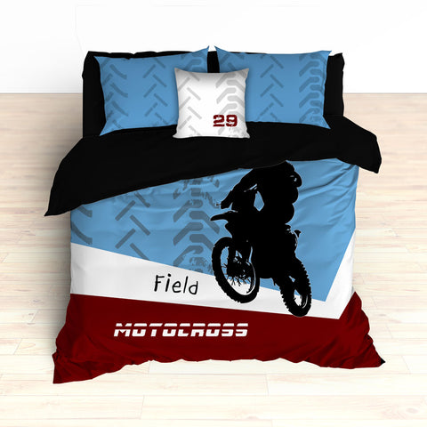 Personalized Motocross Comforter or Duvet, Dirt Bike, Freestyle, Blue and Maroon - 2cooldesigns