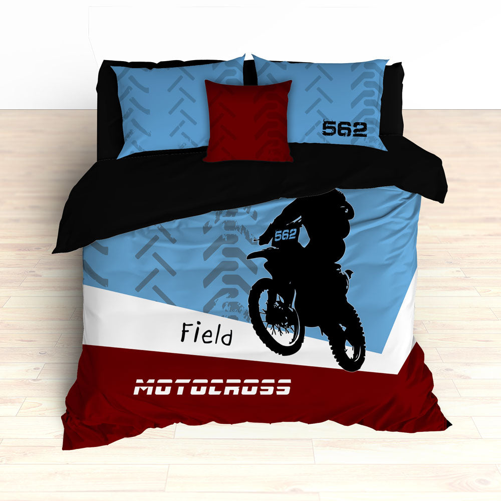 Personalized Motocross Comforter or Duvet, Dirt Bike, Freestyle, Blue and Maroon - 2cooldesigns