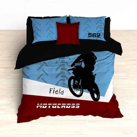 Personalized Motocross Comforter or Duvet, Dirt Bike, Freestyle, Blue and Maroon - 2cooldesigns
