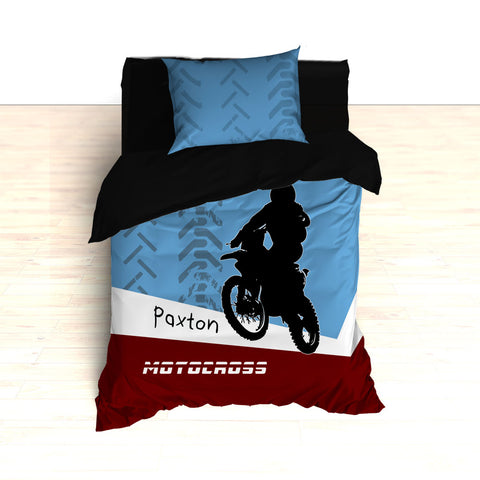 Personalized Motocross Comforter or Duvet, Dirt Bike, Freestyle, Blue and Maroon - 2cooldesigns