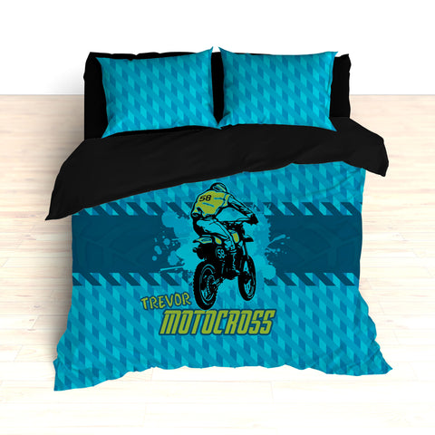 Dirt Bike Motocross Bedding, Blue, Teal and Green, Personalized - 2cooldesigns