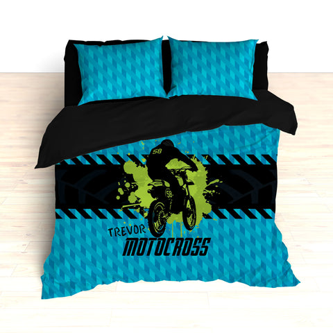 Kids Motocross Bedding, Blue, Teal, Green, Black, Dirt Bike Racing - 2cooldesigns