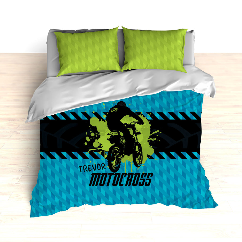 Kids Motocross Bedding, Blue, Teal, Green, Black, Dirt Bike Racing - 2cooldesigns