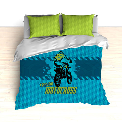 Dirt Bike Motocross Bedding, Blue, Teal and Green, Personalized - 2cooldesigns
