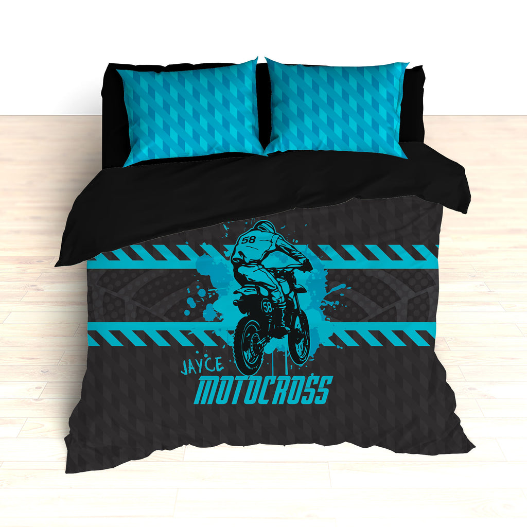 Motocross Bedding, Blue, Gray, Black, Personalized Comforter or Duvet - 2cooldesigns