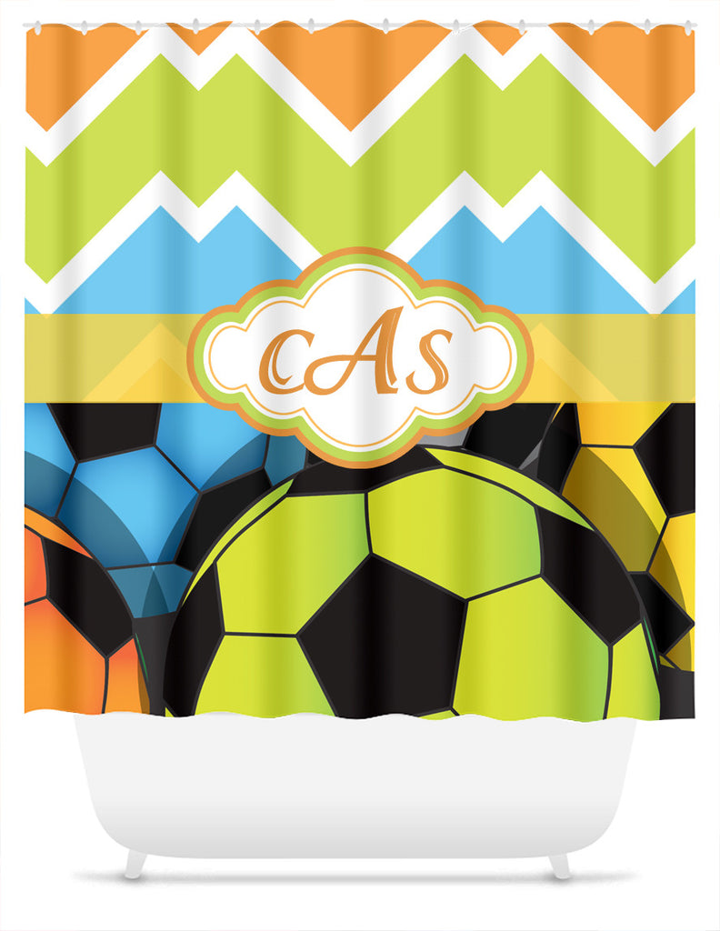 Soccer and Candy Chevron with Monogram Shower Curtain - 2cooldesigns