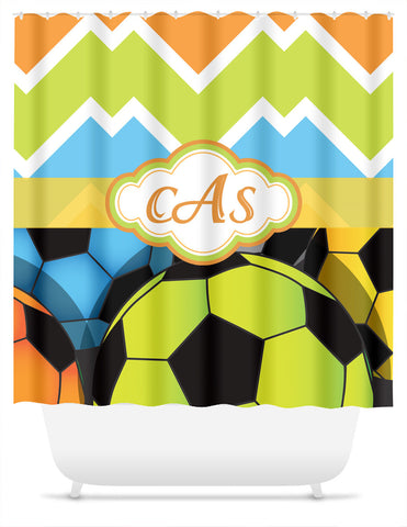Soccer and Candy Chevron with Monogram Shower Curtain - 2cooldesigns