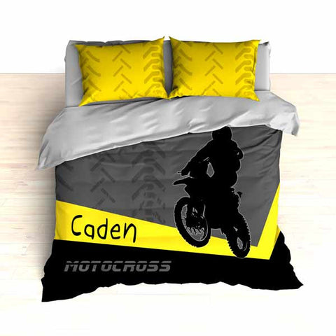 Personalized Motocross Comforter or Duvet, Motocross Bedding, Dirt Bike, Freestyle Motocross, Yellow - 2cooldesigns