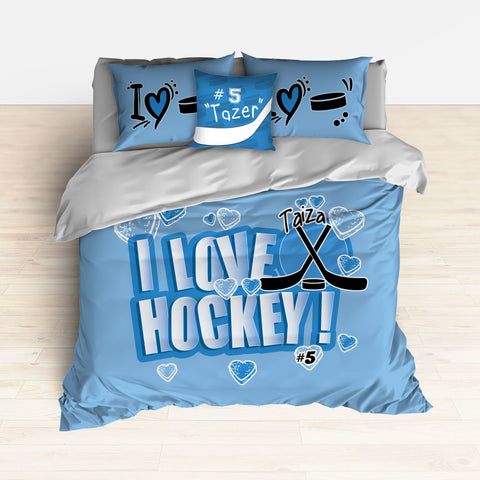 Personalized Hockey Bedding, Duvet or Comforter Sets, Hockey Themed Bedroom Baby Blue - 2cooldesigns
