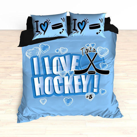 Personalized Hockey Bedding, Duvet or Comforter Sets, Hockey Themed Bedroom Baby Blue - 2cooldesigns