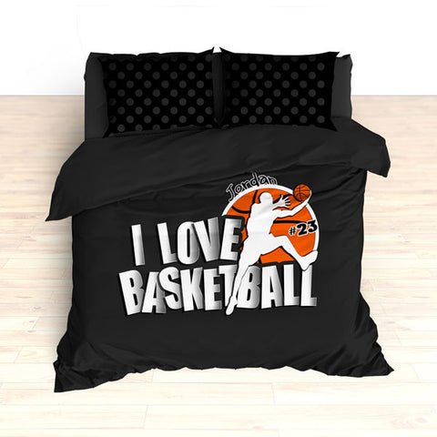 Personalized Basketball Bedding, Black Dots, I Love Basketball Comforter or Duvet - 2cooldesigns