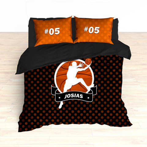 Personalized Basketball Bedding, Black and Orange Basketball Dots, Custom Duvet or Comforter Set - 2cooldesigns