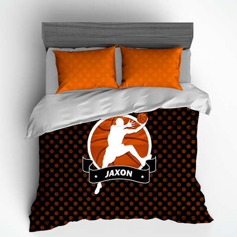 Personalized Basketball Bedding, Black and Orange Basketball Dots, Custom Duvet or Comforter Set - 2cooldesigns