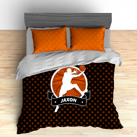 Personalized Basketball Bedding, Black and Orange Basketball Dots, Custom Duvet or Comforter Set - 2cooldesigns