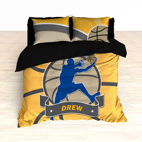 Basketball Stripes Theme Bedding, Basketball Player Silhouette Jumping, Duvet or Comforter Set - 2cooldesigns