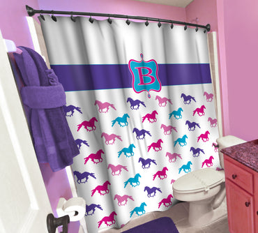 Horse Shower Curtain, Pink, Purple Teal Horses, Personalized - 2cooldesigns
