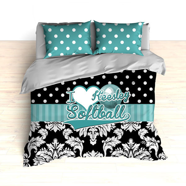 Personalized Damask Softball Bedding, Duvet or Comforter Sets, Teal and Black Damask - 2cooldesigns