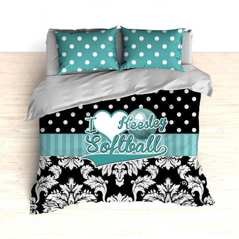 Personalized Damask Softball Bedding, Duvet or Comforter Sets, Teal and Black Damask - 2cooldesigns