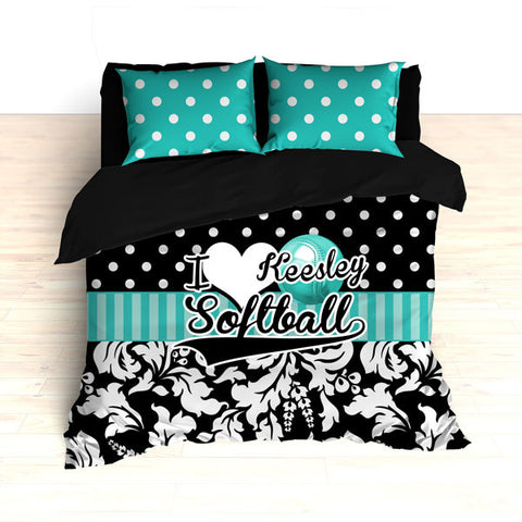 Personalized Damask Softball Bedding, Duvet or Comforter Sets, Teal and Black Damask - 2cooldesigns
