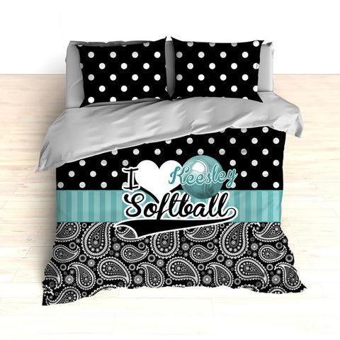 Personalized Paisley Softball Bedding, Duvet or Comforter Sets, Teal and Black Paisley - 2cooldesigns