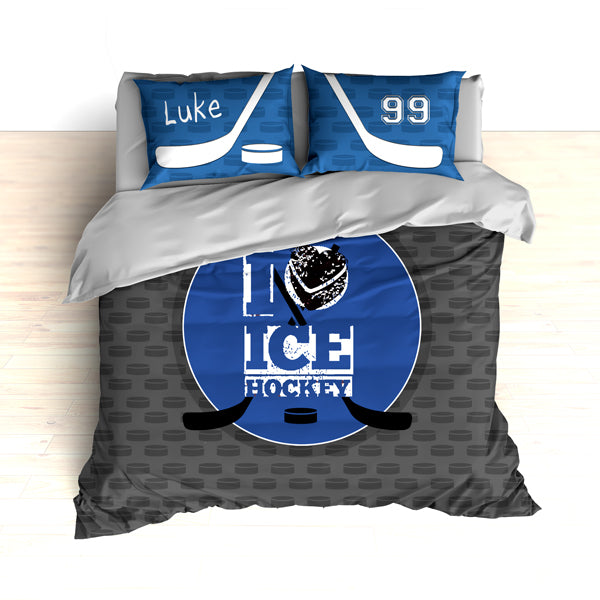 Personalized Hockey Bedding, Blue and Gray, Custom Duvet or Comforter Sets for Hockey Themed Bedroom - 2cooldesigns