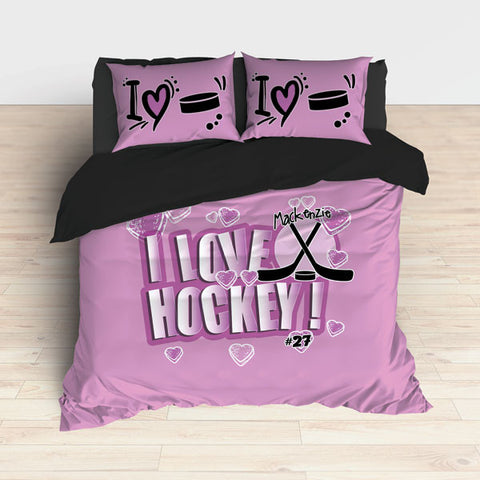 Personalized Hockey Bedding, I Love Hockey, Custom Duvet or Comforter Sets for Hockey Themed Bedroom - 2cooldesigns