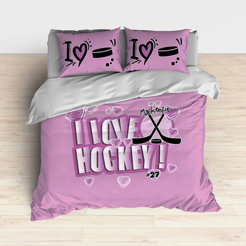 Personalized Hockey Bedding, I Love Hockey, Custom Duvet or Comforter Sets for Hockey Themed Bedroom - 2cooldesigns