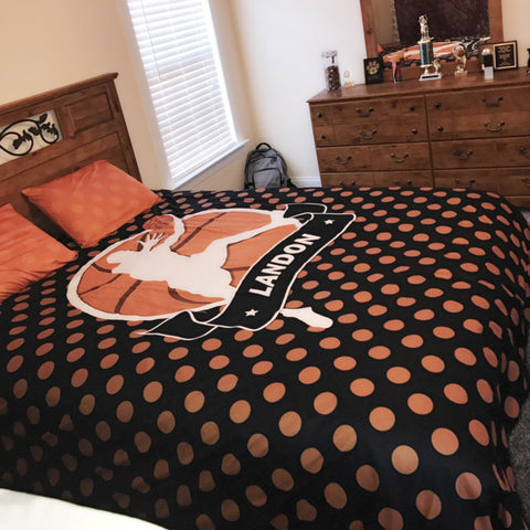 Personalized Basketball Bedding, Black and Orange Basketball Dots, Custom Duvet or Comforter Set - 2cooldesigns