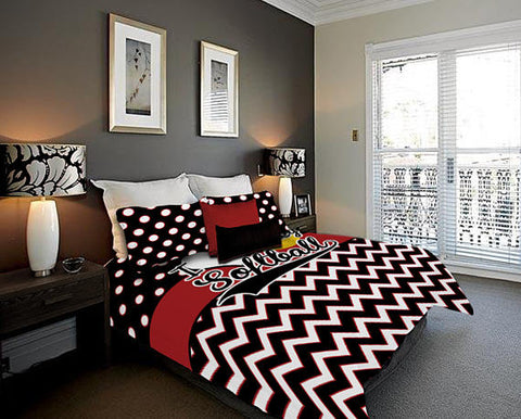 Personalized Softball Theme Bedding, Duvet or Comforter Sets, Red and Black Chevron - 2cooldesigns