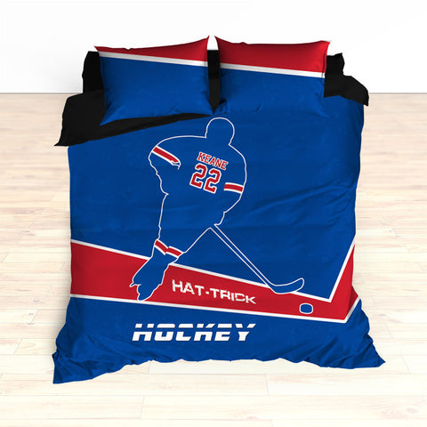 Hockey Bedding, Hat-Trick, Personalized Duvet or Comforter, Custom Hockey Bedding, Caps Bedding, Blue, Red, White, King, Queen, Twin - 2cooldesigns