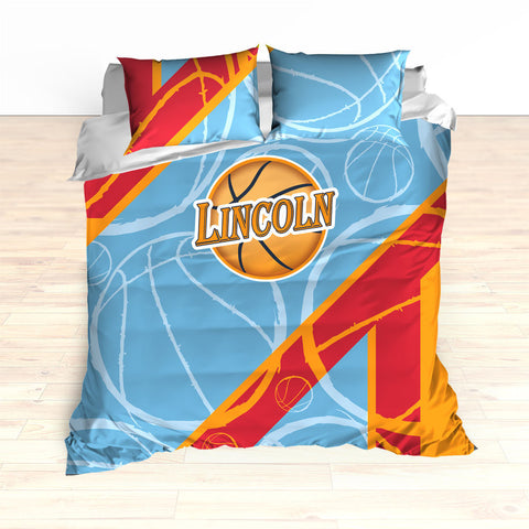 Basketball Stripes Bedding, Basketball Duvet, Basketball Comforter, Personalized, Blue, Red, Orange, Basketball, King, Twin, Queen, Toddler - 2cooldesigns