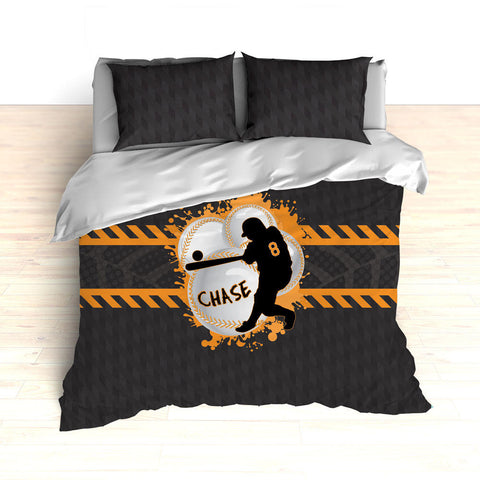 Baseball Bedding, Orange, Grey and Black, Weave Pattern, Splash Paint Design, Personalized, Duvet, Comforter, King, Twin, Queen, Toddler - 2cooldesigns