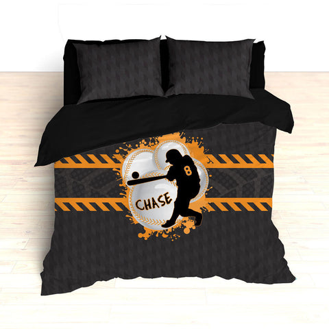 Baseball Bedding, Weave Pattern, Splash Paint Design, Orange, Grey and Black, Personalized, Duvet, Comforter, King, Twin, Queen, Toddler - 2cooldesigns