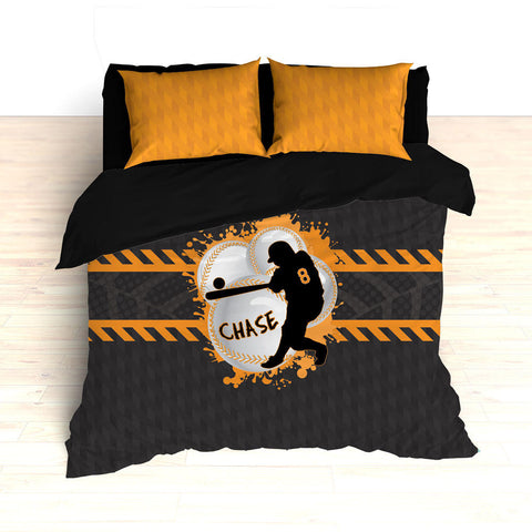 Baseball Bedding, Orange, Grey and Black, Weave Pattern, Splash Paint Design, Personalized, Duvet, Comforter, King, Twin, Queen, Toddler - 2cooldesigns