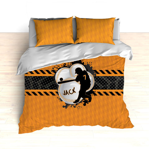 Baseball Bedding, Weave Pattern, Splash Paint Design, Orange, Grey and Black, Personalized, Duvet, Comforter, King, Twin, Queen, Toddler - 2cooldesigns