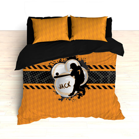 Baseball Bedding, Orange, Grey and Black, Weave Pattern, Splash Paint Design, Personalized, Duvet, Comforter, King, Twin, Queen, Toddler - 2cooldesigns
