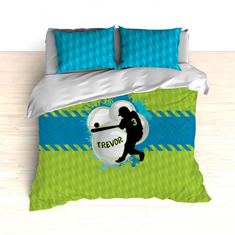 Baseball Bedding, Blue, Teal and Green, Weave Pattern, Splash Paint Design, Personalized, Duvet, Comforter, King, Twin, Queen, Toddler - 2cooldesigns