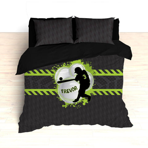 Baseball Bedding, Green, Gray, Black, Weave Pattern, Splash Paint Design, Personalized, Duvet, Comforter, King, Twin, Queen, Toddler, Grey - 2cooldesigns