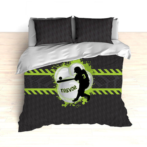 Baseball Bedding, Green, Gray, Black, Weave Pattern, Splash Paint Design, Personalized, Duvet, Comforter, King, Twin, Queen, Toddler, Grey - 2cooldesigns