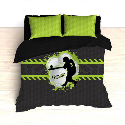 Baseball Bedding, Green, Gray, Black, Weave Pattern, Splash Paint Design, Personalized, Duvet, Comforter, King, Twin, Queen, Toddler, Grey - 2cooldesigns